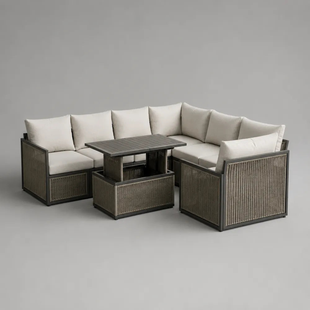 Salon de jardin d'angle 5 places avec table basse relevable en acier et résine tressée gris beige 240 x 180 x 70 cm