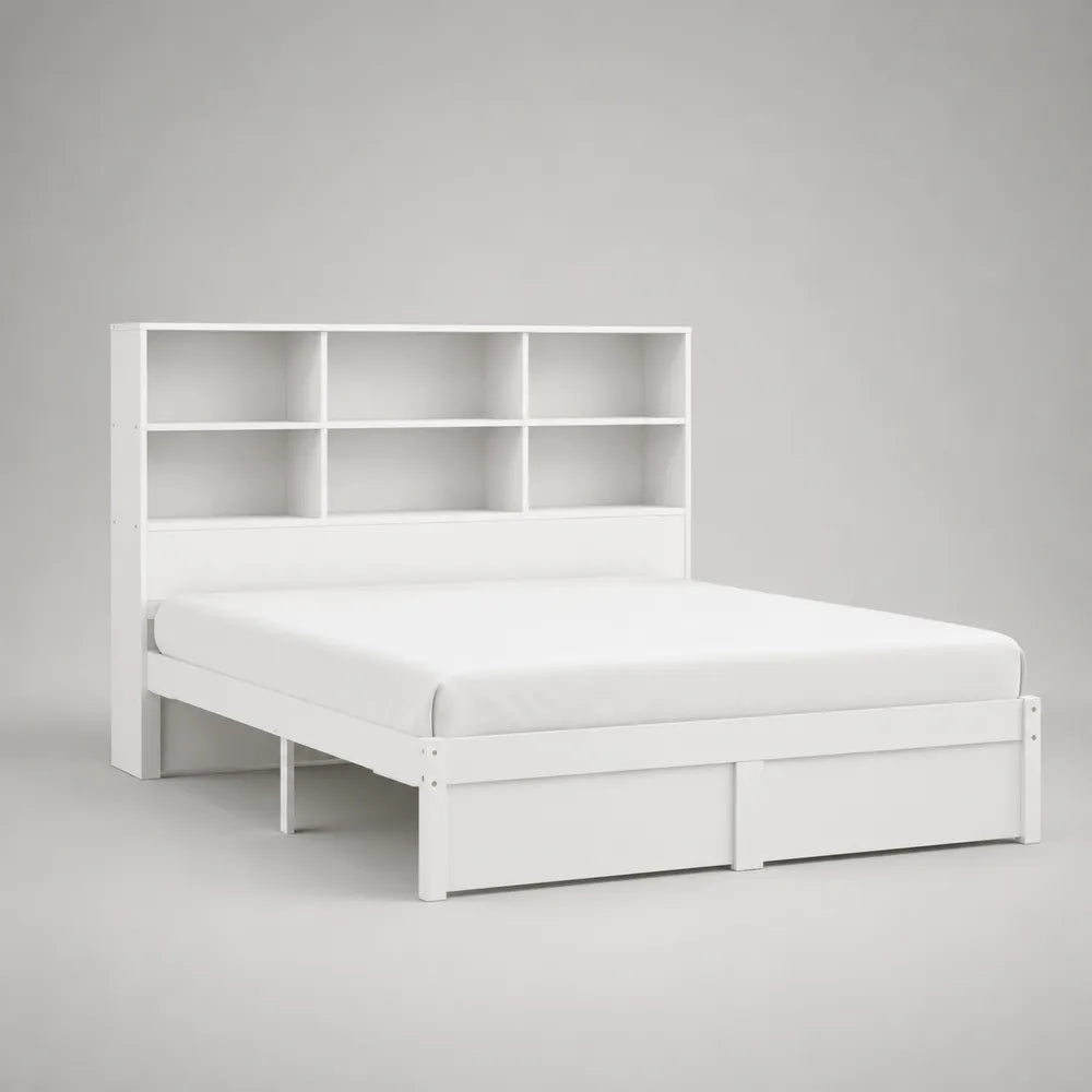 Lit double en MDF blanc avec tête de lit bibliothèque et tiroirs de rangement 160 x 200 cm