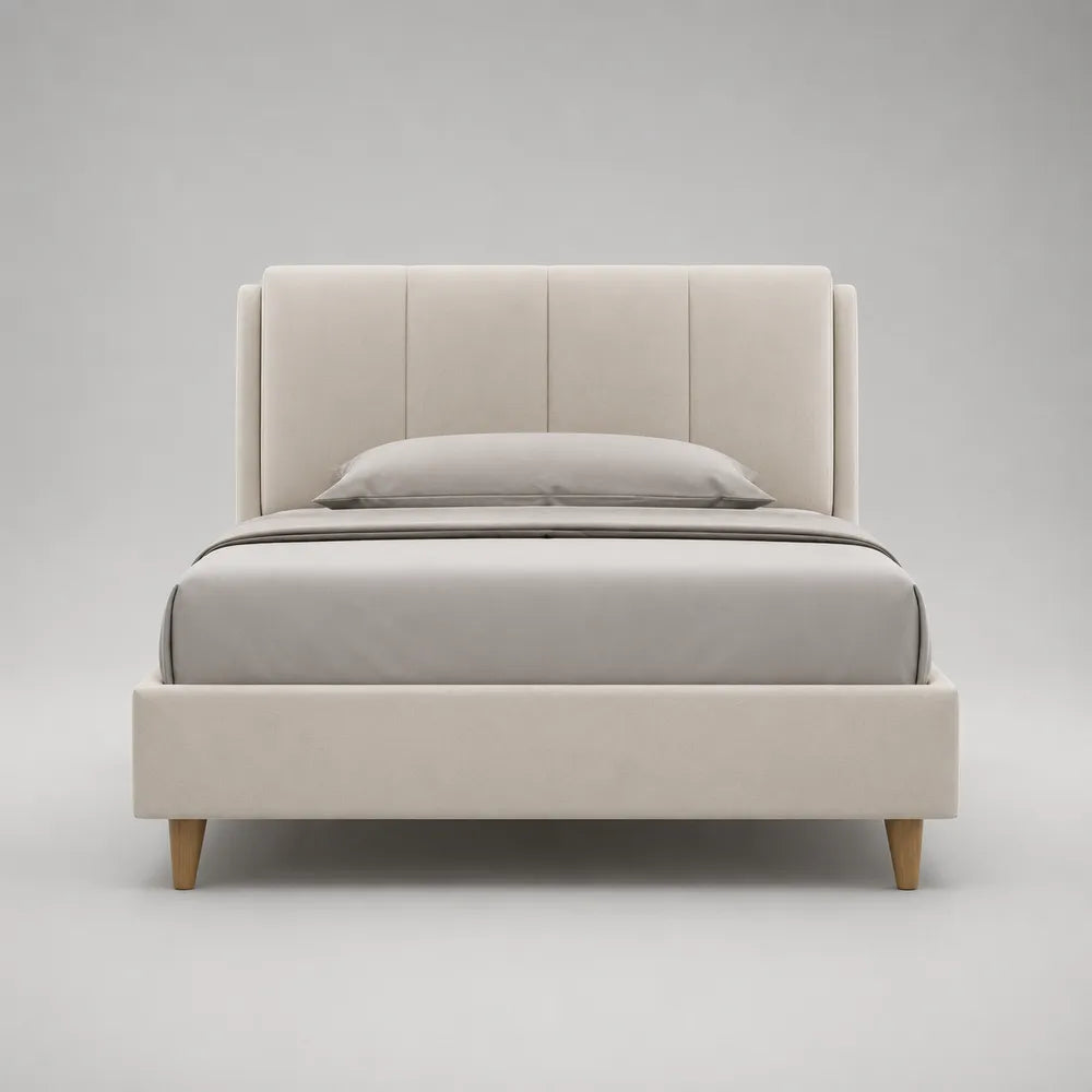 Lit double rembourré en tissu beige avec tête de lit haute 160 x 200 cm