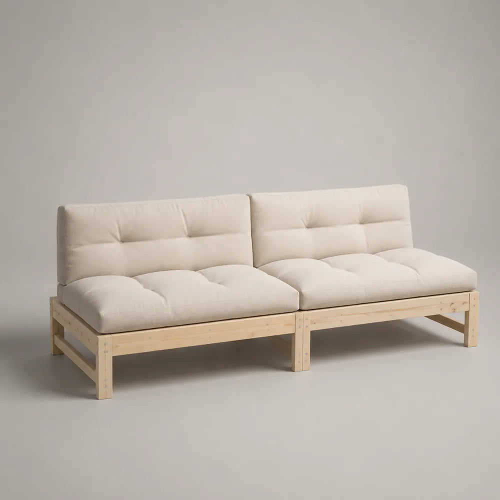 Canapé de jardin 3 places avec coussins en polyester beige et structure en bois 200 x 80 x 75 cm