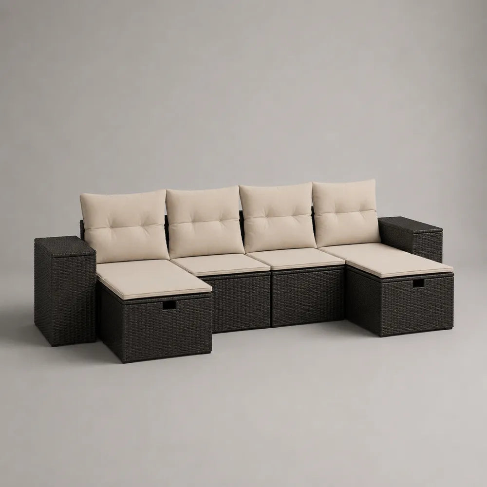Salon de jardin modulable 270 x 70 x 65 cm en résine tressée noire avec coussins beiges et coffres de rangement