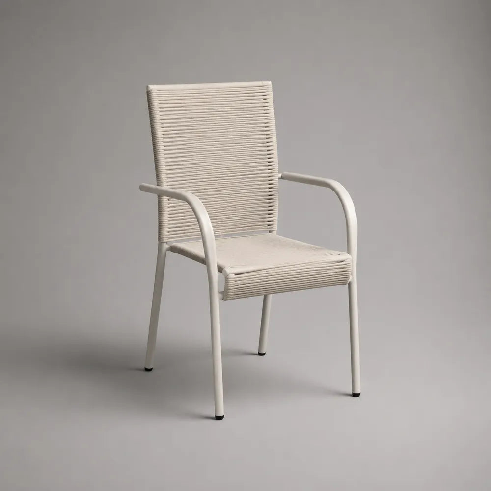 Chaise de jardin avec accoudoirs 55x60x85 cm acier blanc et corde polyester crème tressée