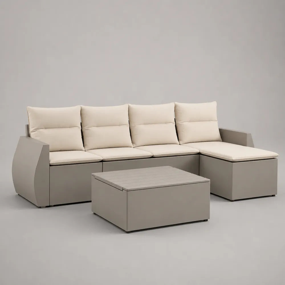 Salon de jardin d'angle 5 pièces 280 x 210 x 70 cm en aluminium beige avec coussins en polyester