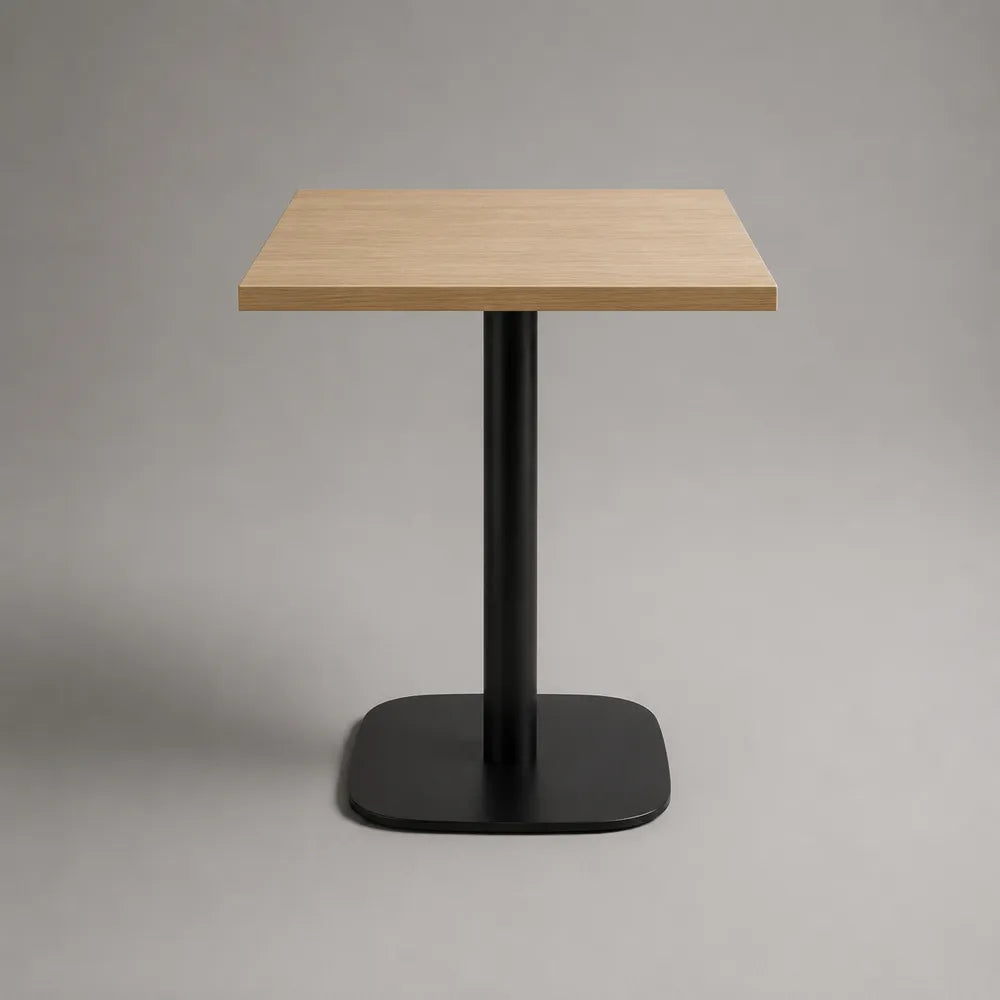 Table à manger carrée 80x80x75 cm plateau effet chêne clair avec pied central en acier noir