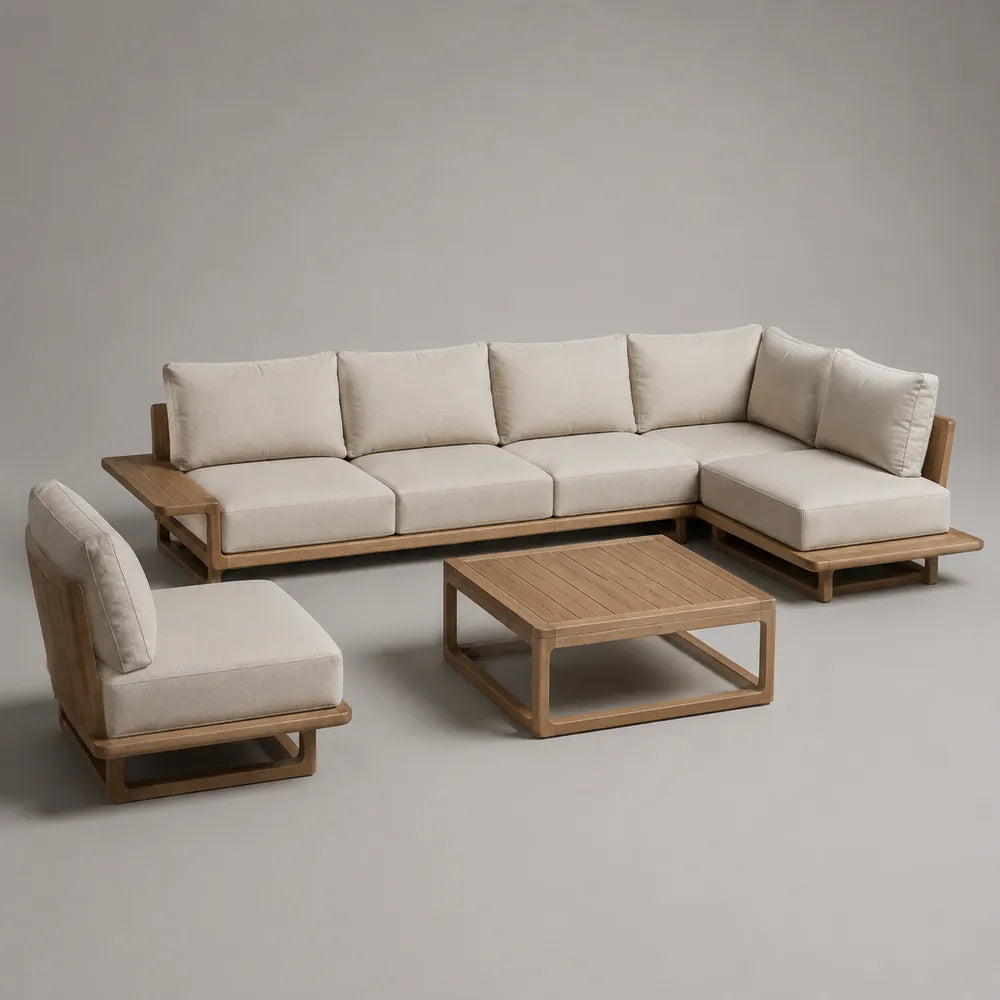 Salon de jardin 6 pièces bois d'acacia et polyester beige avec canapé d'angle fauteuil et table basse
