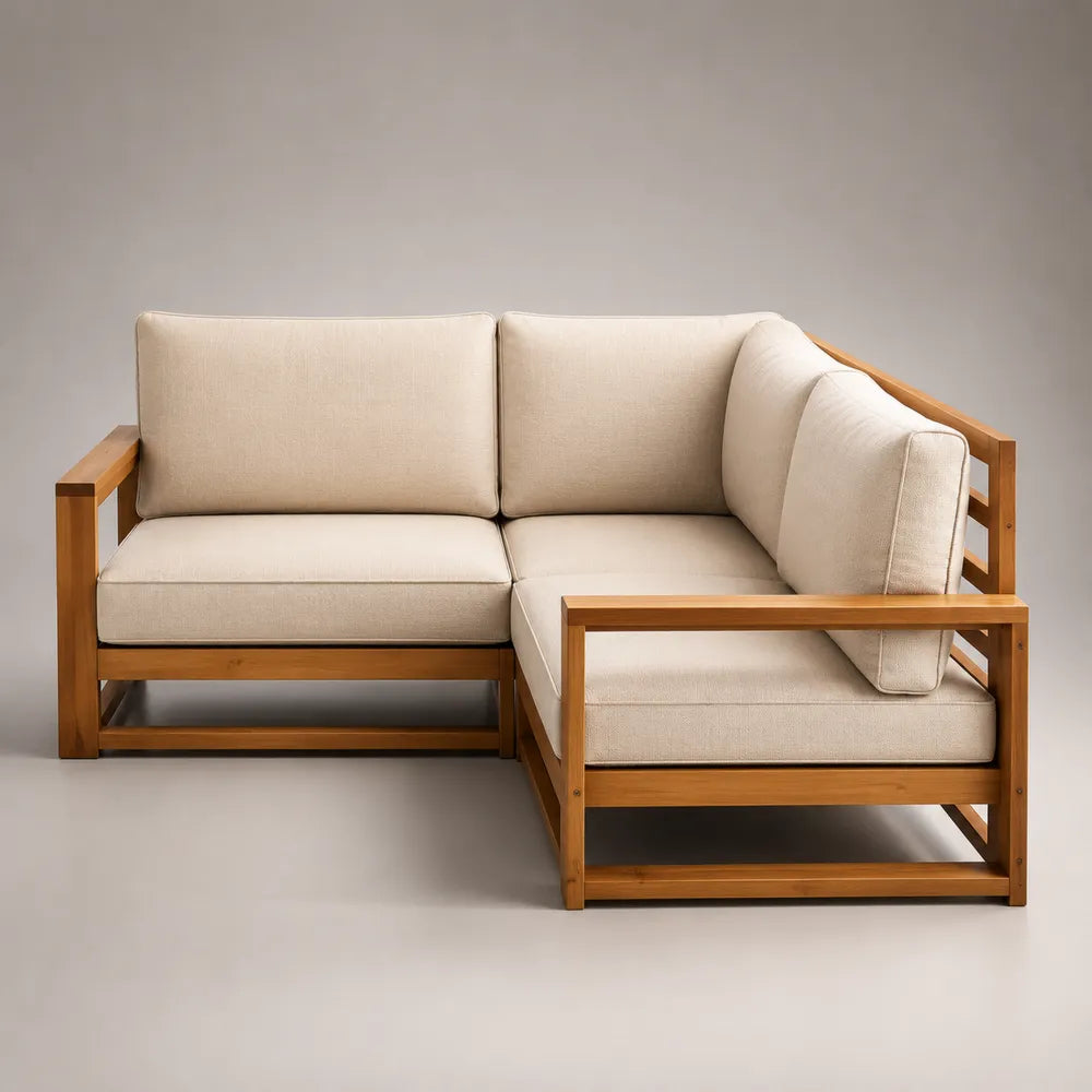 Canapé de jardin d'angle 4 places en bois d'acacia avec coussins beige salon extérieur en L 220 x 160 x 70 cm
