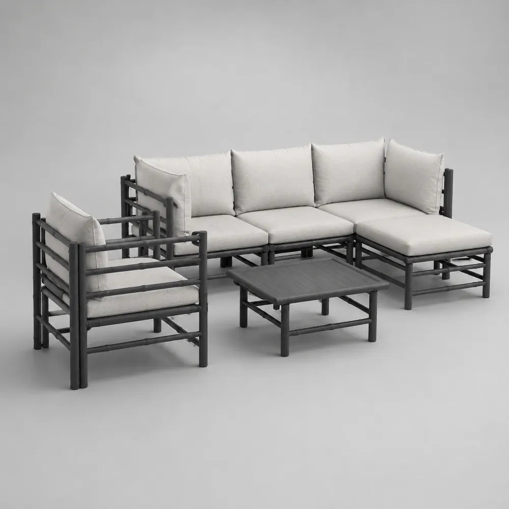 Salon de jardin 5 pièces avec canapé d'angle fauteuil et table basse en aluminium gris avec coussins blanc cassé 300 x 220 x 75 cm