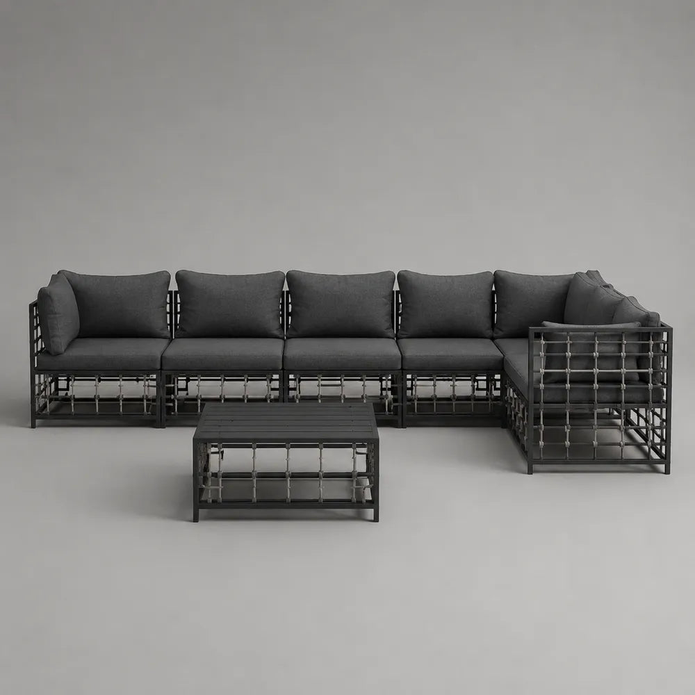 Salon de jardin modulable 7 places 300 x 75 x 70 cm en aluminium gris avec coussins en polyester et table basse
