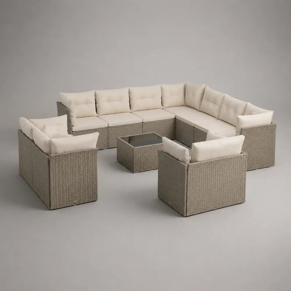 Salon de jardin 12 pièces résine tressée beige avec canapé d'angle fauteuils table basse et coussins