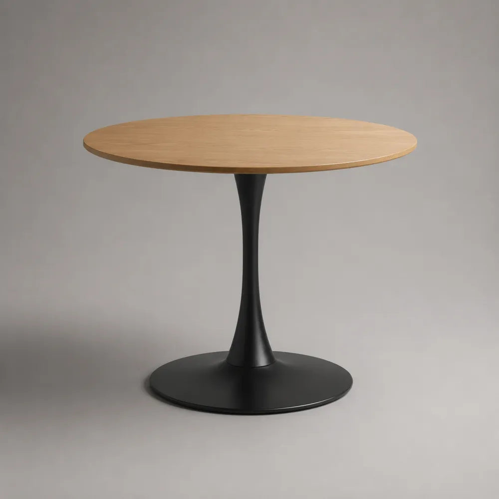 Table à manger ronde 120x120x75 cm plateau effet chêne clair avec pied central en acier noir
