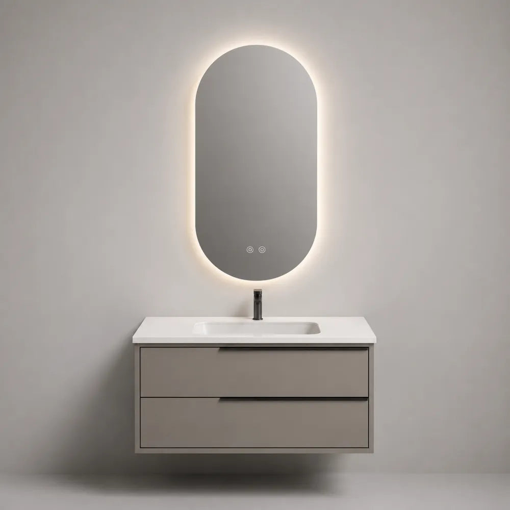 Meuble sous vasque suspendu 100 x 45 x 50 cm en MDF gris avec lavabo intégré blanc et miroir LED